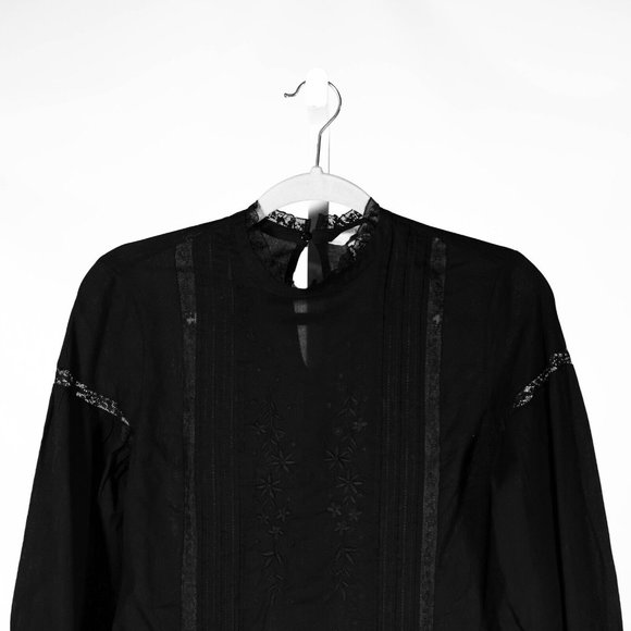 H&M Women's Blouse Black Embroidered Floral Sheer Lace Long Sleeve Shirt Top 4 - Picture 7 of 12